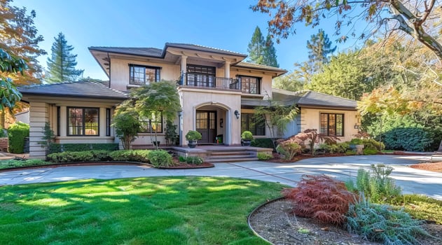 Modern luxury private property house in a prestigious neighborhood with green lawn. Rich lifestyle photo