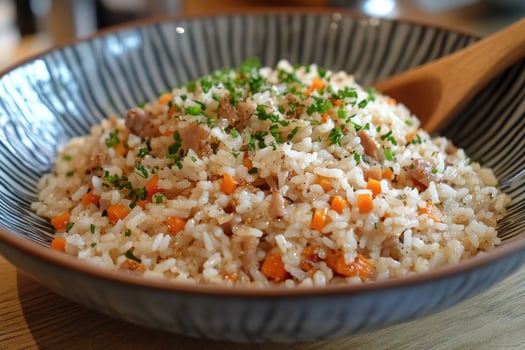 Steaming basmati rice with carrots and herbs in bowl photo