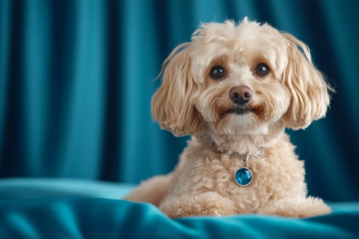 Fluffy Poodle resting on a dark surface adorned with a sapphire pendant under soft studio lighting photo
