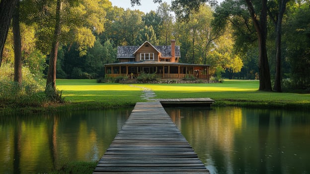 Wooden pathway leading to idyllic lakeside house surrounded by lush greenery photo