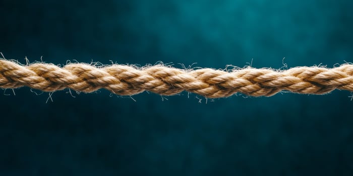 Close-up of a frayed rope on the verge of breaking against a dark background highlighting stress and tension photo