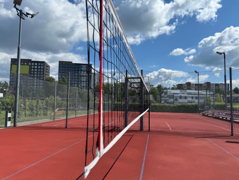close-up sports equipment volleyball net on closed court competition matches details photo