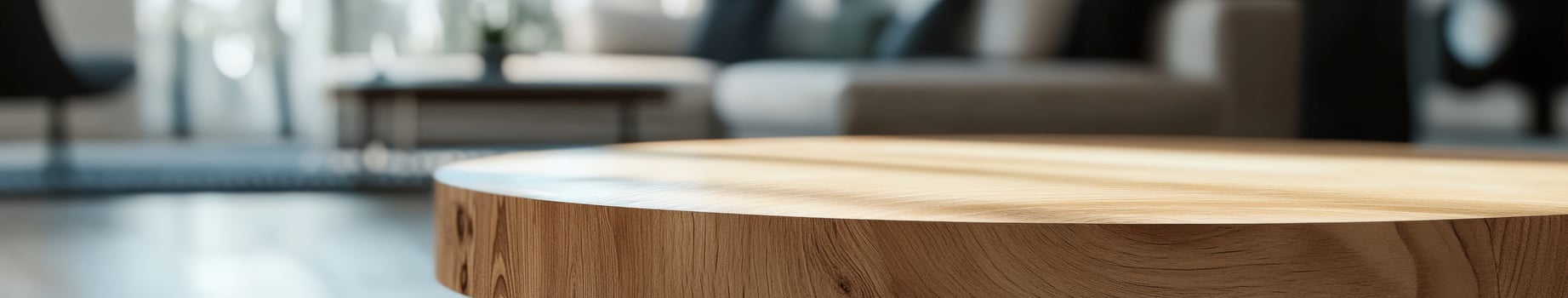 Wooden table in a modern living room with soft natural lighting photo