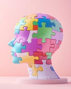Colorful puzzle pieces form a human head symbolizing mental health and self-discovery on a soft gradient background photo