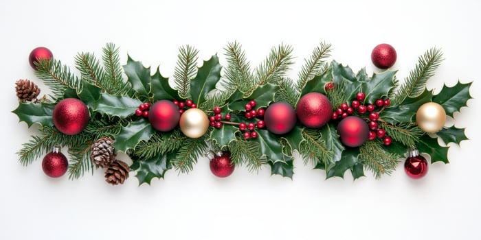 Traditional Christmas border featuring holly, pine branches, and colorful baubles on a white background photo
