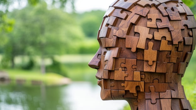 Wooden puzzle head sculpture in serene outdoor setting symbolizes personal growth and self-discovery photo