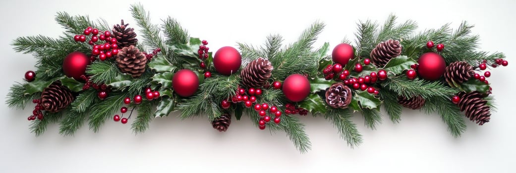 Traditional Christmas wreath adorned with ornaments, red berries, and pine cones for a festive holiday atmosphere photo
