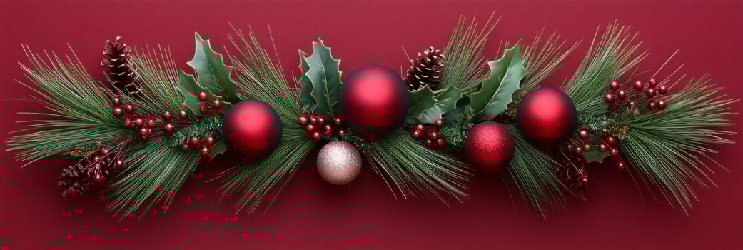 A festive Christmas wreath adorned with holly pine needles and red berries set against a dark red background photo