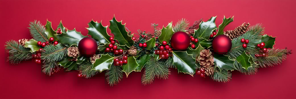 Festive Christmas wreath adorned with holly, pine needles, and red berries on a warm dark red background photo