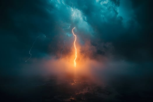 Dramatic Lightning Strike Over Misty Waters During Stormy Nightfall photo