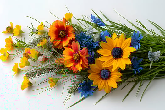Vibrant Floral Arrangement with Yellow, Blue, and Orange Wildflowers for Spring Decor photo
