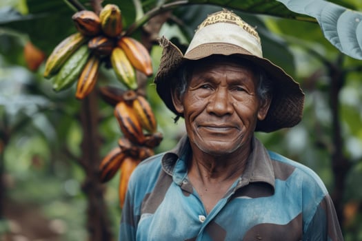 Farmer smiling next to cocoa tree in plantation photo