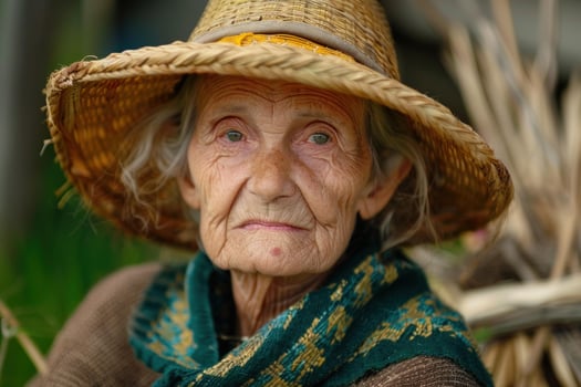 Portrait of senior farmer woman wearing straw hat and scarf photo