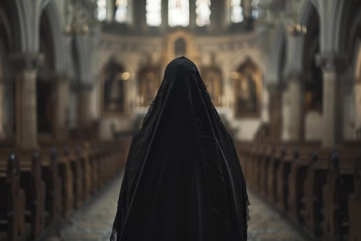 Woman wearing black veil praying in church, religion and spirituality concept photo