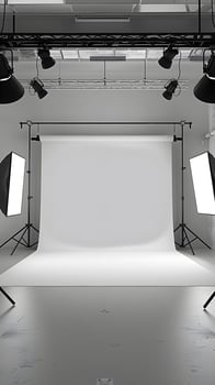Monochrome photography studio with white backdrop and bright lighting photo