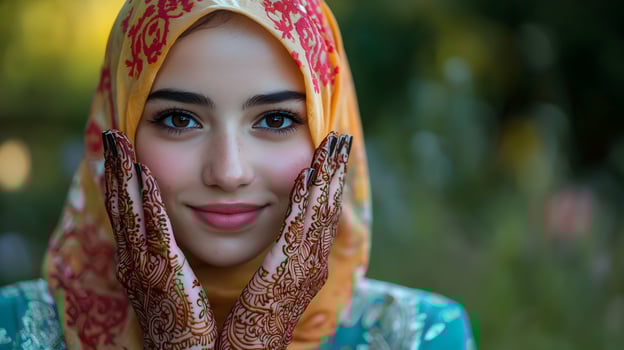 Young Woman with Intricate Henna Design on Hands photo