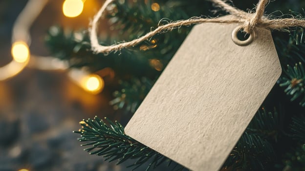 Christmas tree with tag hanging from branch photo