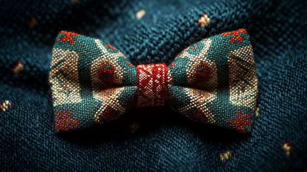 A bow tie on a blue sweater with red and green patterns photo