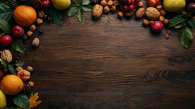 A wooden table with fruit and nuts photo