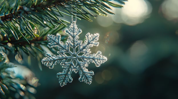 A snowflake is hanging from a pine tree photo