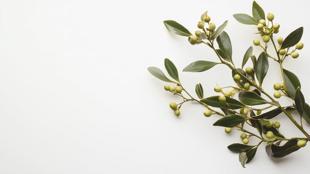 Olive branch with green leaves and berries on white background photo