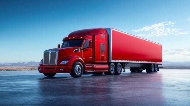 A red semi truck driving on a road photo