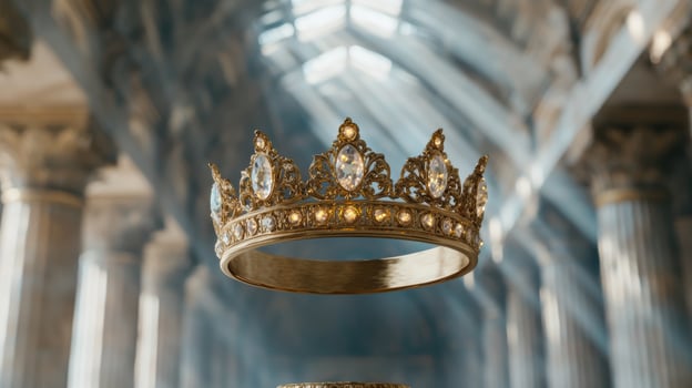 Ornate golden crown with jewels floating in light photo