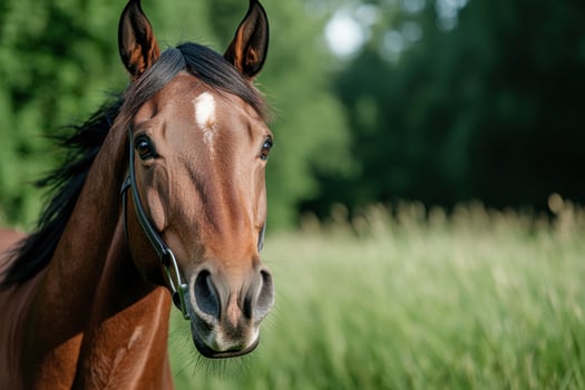 close up portrait of a brown horse in a field photo