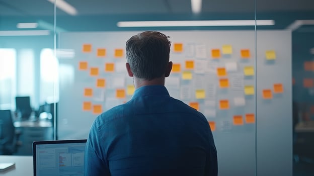 focused individual in dynamic office environment observes wall of notes photo