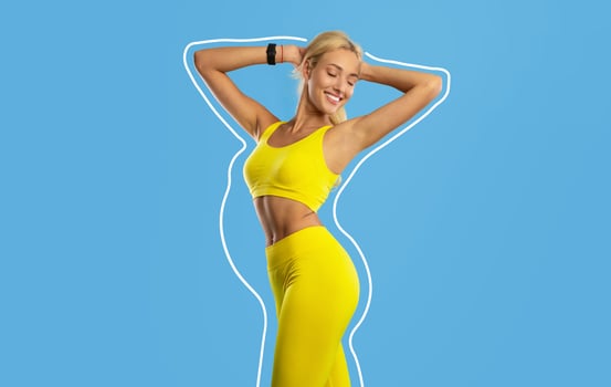 Healthy diet, sport for weight loss concept. Happy young blonde woman in sportswear demonstrating perfect slim body on blue studio background, collage with outlines of overweight silhouette photo