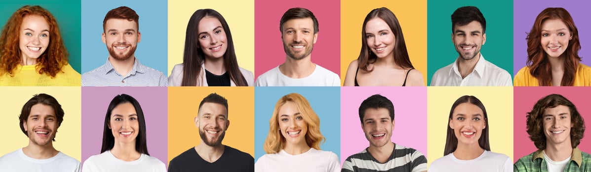 Collection of multiple avatar of happy young people. Smiling men and women faces. Positive human emotion. Concept of variety, diversity and individuality in modern community, panorama photo