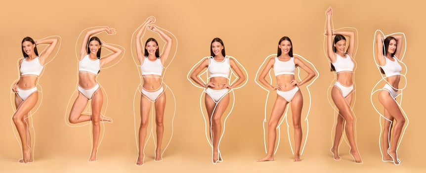 Collage of happy fit woman with overweight silhouette showing weight loss result, enjoying slim body, isolated on beige background, panorama. Weight loss and slimming concept photo