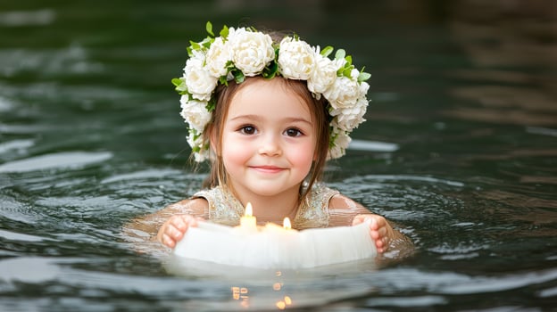 A joyful child swimming in water, wearing a floral crown and holding a candle. photo