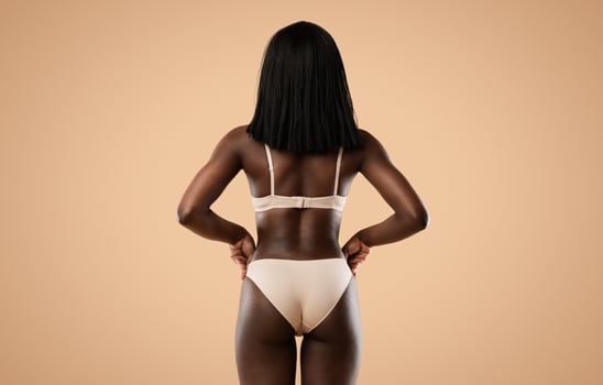 Rear view of slim slender unrecognizable african american woman with hands on waist posing in nude underwear over beige studio background, showing her beautiful curves, panorama with copy space photo