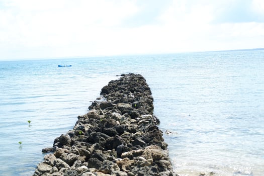 a serene coastal scene with a stone pathway extending into the calm photo