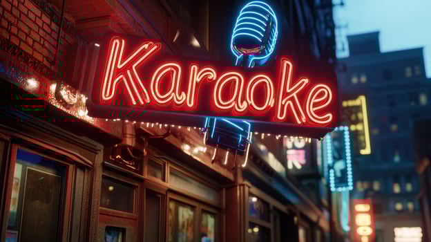 Karaoke bar neon sign with microphone lighting up night city street photo