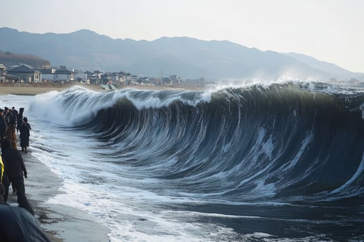 Giant waves crashing on coast, threatening coastal town with tsunami photo