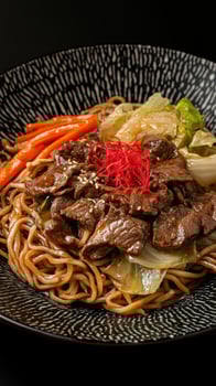 stir fried yakisoba noodle with beef and vegetables photo
