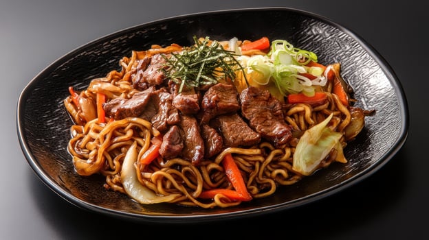 stir fried yakisoba noodle with beef and vegetables photo