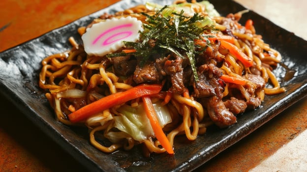 stir fried yakisoba noodle with beef and vegetables photo