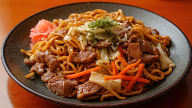 stir fried yakisoba noodle with beef and vegetables photo