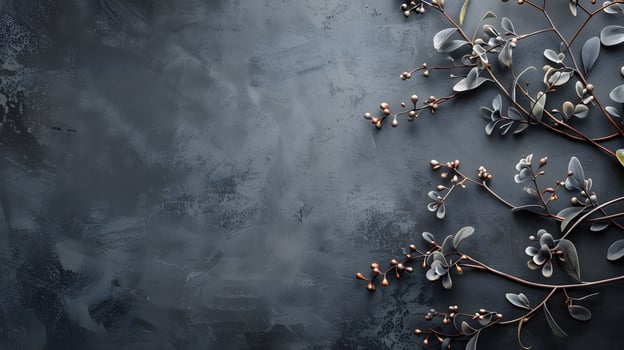 A freezing plant with grey twigs and flowers on a black background photo