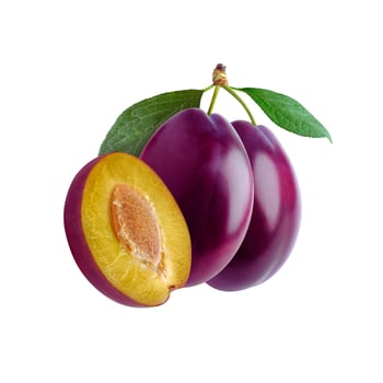 A collection of dark plums both whole and sliced revealing vibrant yellow flesh photo