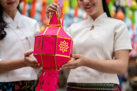 A close-up of two charming Asian women in traditional dresses hold a lantern together. photo