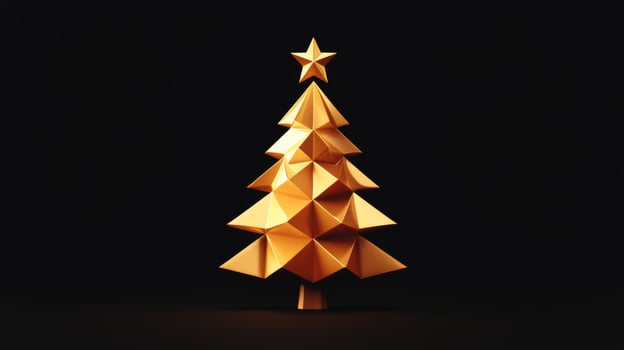 A golden Christmas tree with stars and lights on a dark background photo