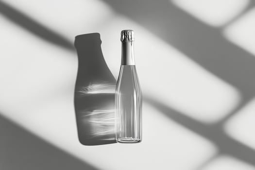 A clear glass bottle casting a shadow on a light surface in an indoor setting during daytime photo