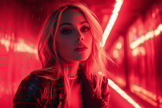 A young woman poses confidently under vibrant red lights in an urban setting at night photo