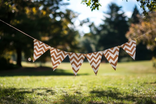 Colorful chevron bunting decorations hanging in a sunny park during a bright afternoon photo