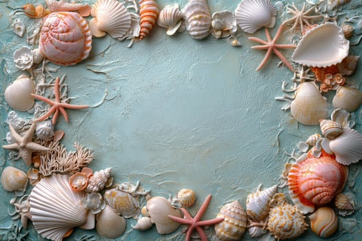 Delicate arrangement of various seashells and starfish on a light blue textured background photo