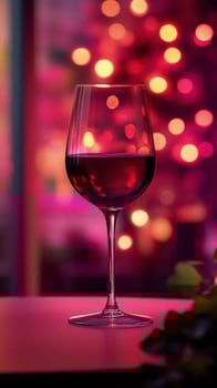 A glass of red wine on a table surrounded by festive decorations in a warm ambiance photo